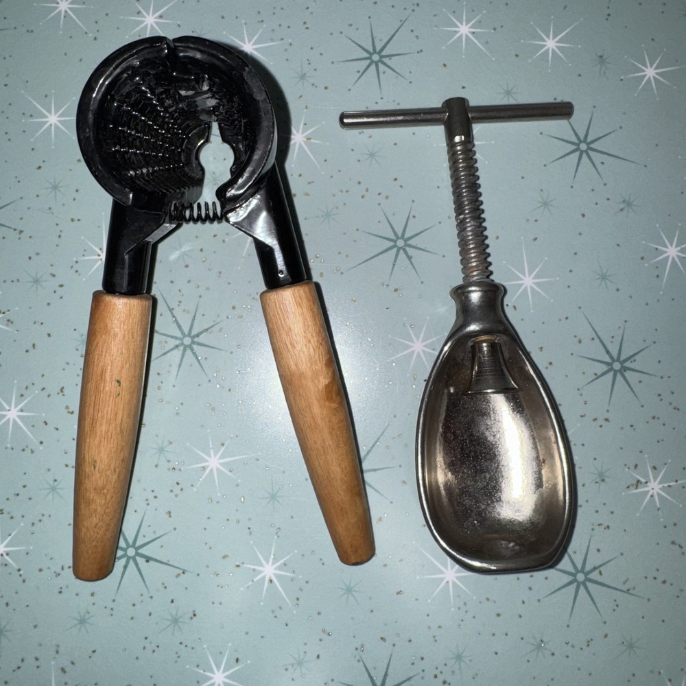 Vintage 1940s HMQ Metal Nutcracker & Wood Handle Nutcracker Set Kitchen Tools